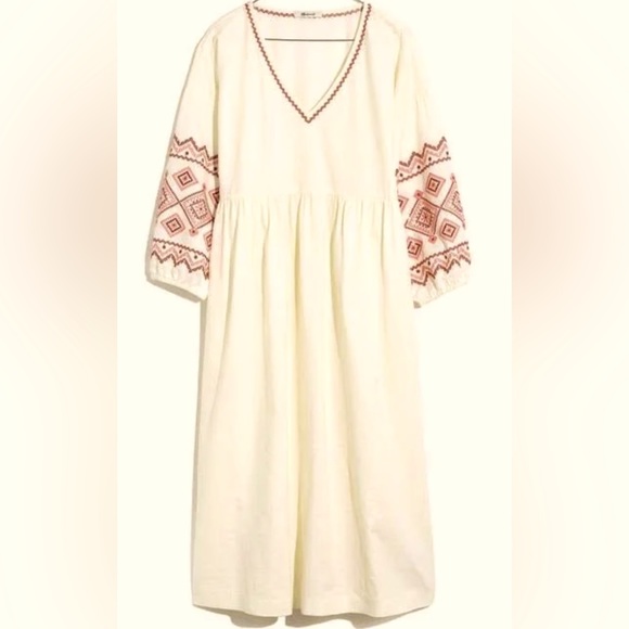 Madewell Lighthouse Embroidered-Sleeve Popover Midi Dress in Ivory - Picture 9 of 10